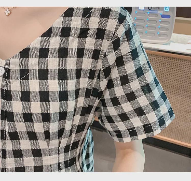 Stylish Plaid V-Neck Buttoned Maternity Dress - Loose Fit, Plus Size, for Summer