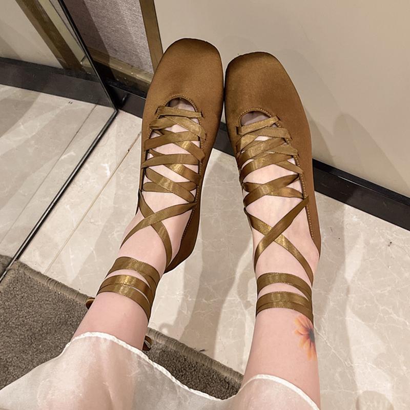 Square Toe Shallow Women Ballet Dance Shoes Elegant Lace Up Soft Winter Shoes 2025 Trend Designer Dress New Chaussures Ladies