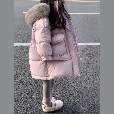 Зимняя стеганая куртка для девочек с большим меховым воротником, Толстая стеганая куртка с капюшоном, Детская стеганая куртка средней длины, Теплая куртка