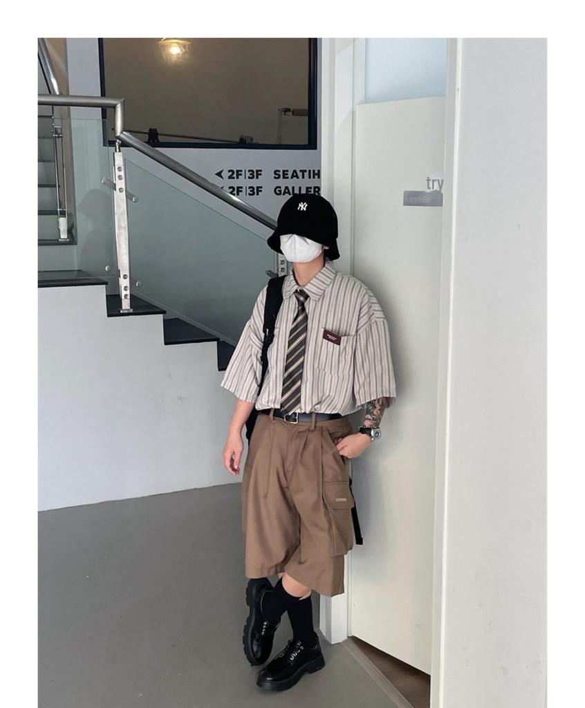 2023 Лето унисекс японский ретро полосатый лацкан короткий рукав модная рубашка