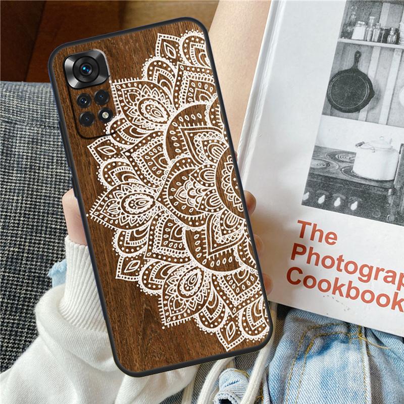 Mandala Floral Wood Phone Case For Xiaomi Redmi Note 12 12S 12C 13C 10 10C 10A 9 9C 10S 11S 11 Pro Soft Cover