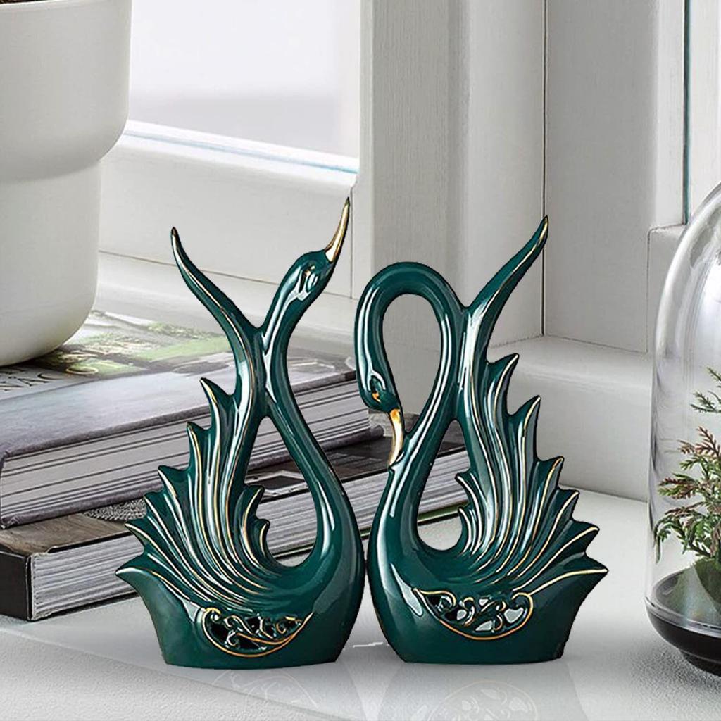 Современная элитная керамическая фигурка в виде пары лебедей | Красивый декор для дома - 2 шт., темно-зеленый, средний
