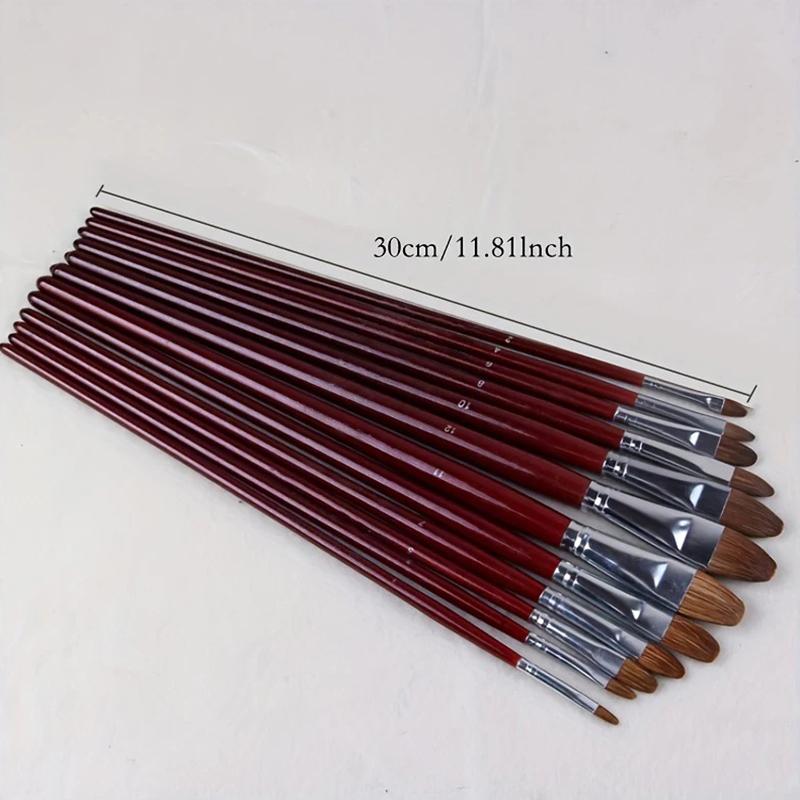 12Pcs/Set High-Grade Weasel Hair Oil Painting Brush Hazel Shap Row Pen Long Birch Rod Acrylic Drawing Art Supplies Artist Supply