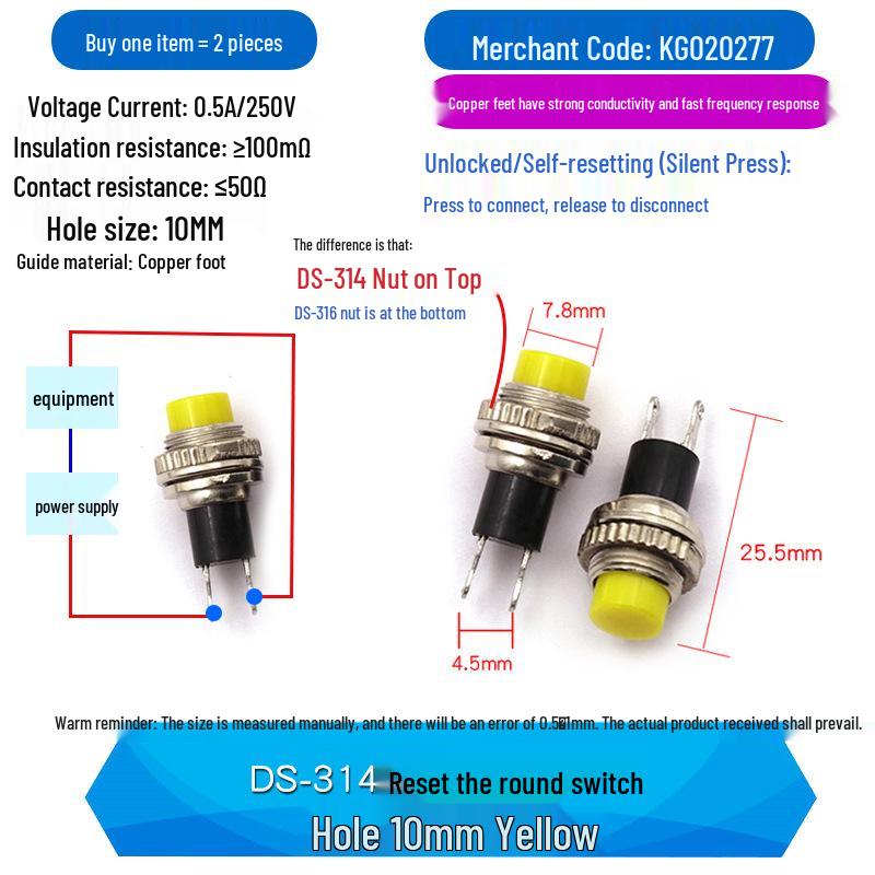 10MM Non-Locking Self-Reset Button Switch for Doorbells and Horns (DS-314, DS-316)
