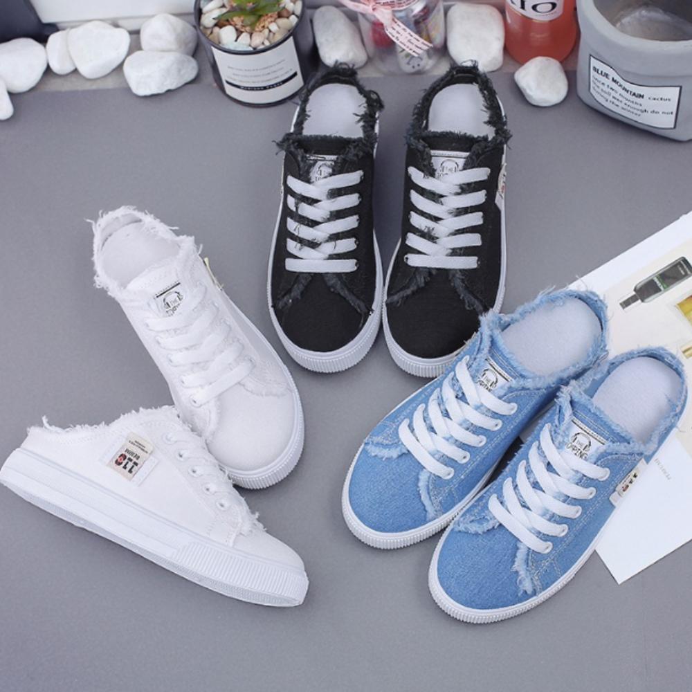 Холщовые туфли Новые Женские Весенние Маленькие Белые Плоская Подошва Доска Ленивые Туфли Один Удар Полуподдержка