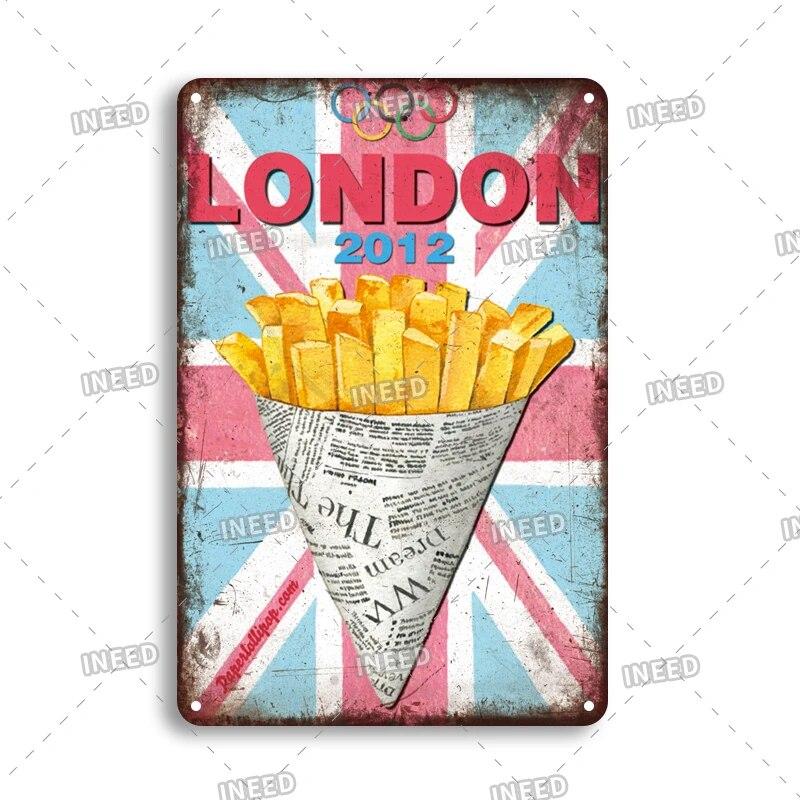 Tin Sign FastFood Pizza Hot Dog Hamburgers Ice Cream Fries Pop Corn Metal Vintage Plaque Metal Retro Plate Kitchen Wall Decor