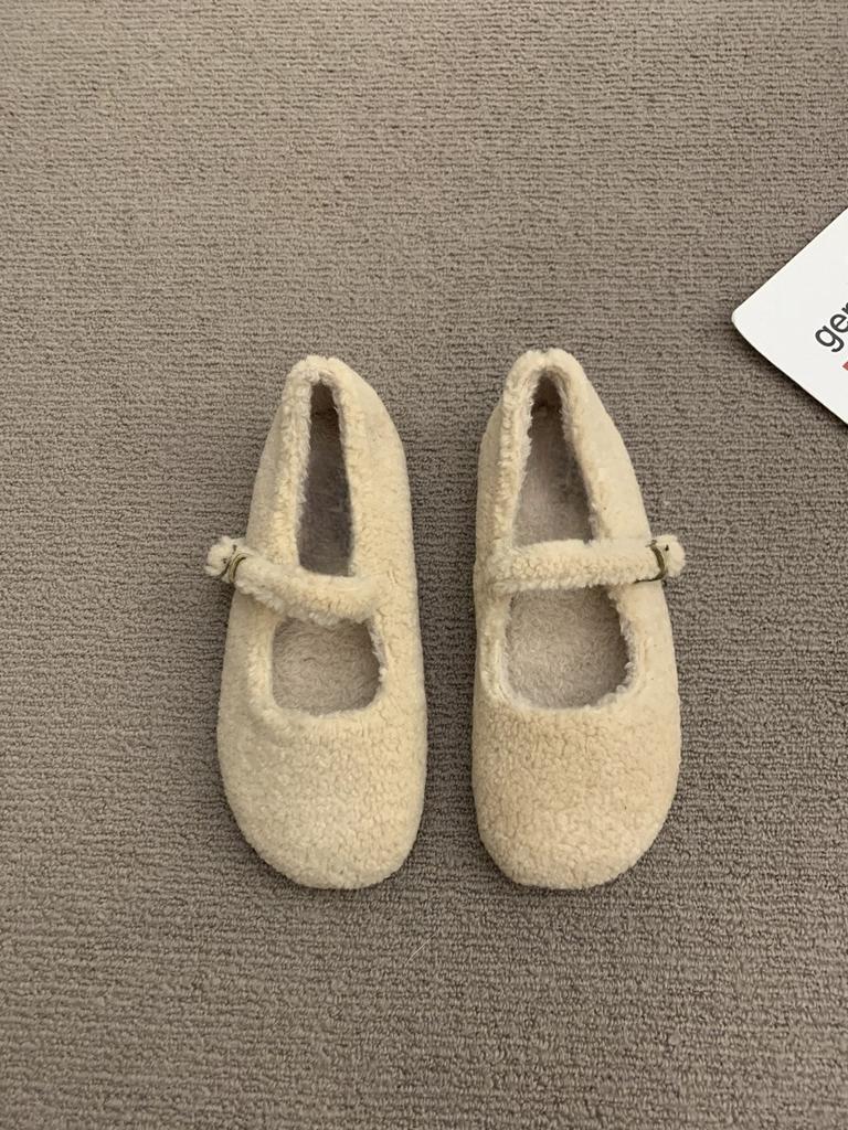 Fashion Round Toe Wool Ballet Flats Woman Concise Warm Plush Loafers Ladies Brand Design Fluffy Mary Jane Shoes In Red Grey