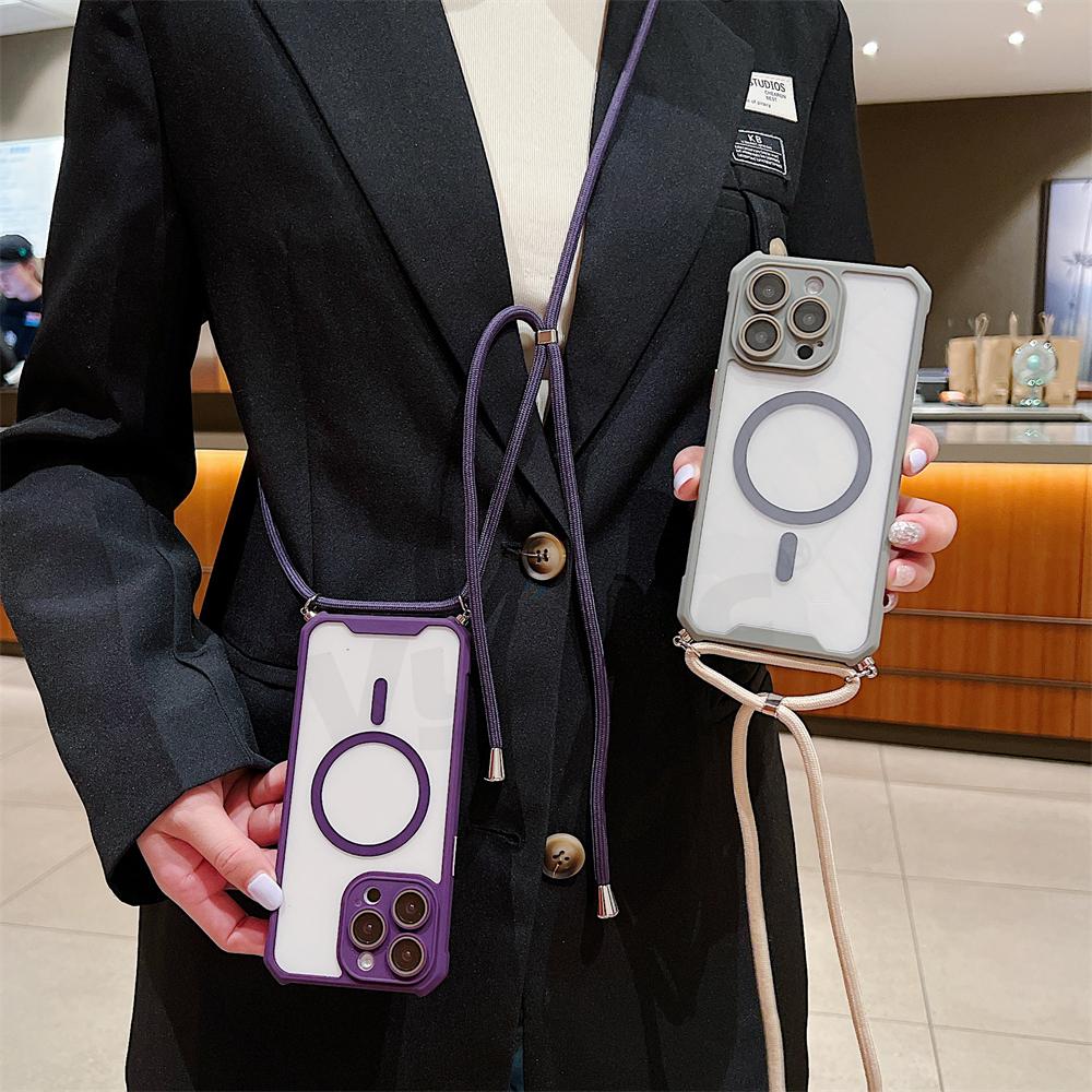 Магнитный прозрачный чехол для iPhone 15 14 13 12 11 Pro Max Plus для Magsafe Crossbody Lanyard Жесткий акриловый чехол