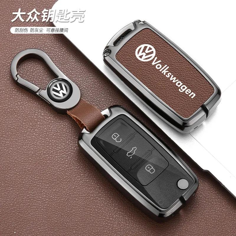 For VW Alloy Leather Car Key Case Cover Shell For Volkswagen VW Polo Golf Passat Tiguan Beetle Caddy T5 Up Eos Keychain Access