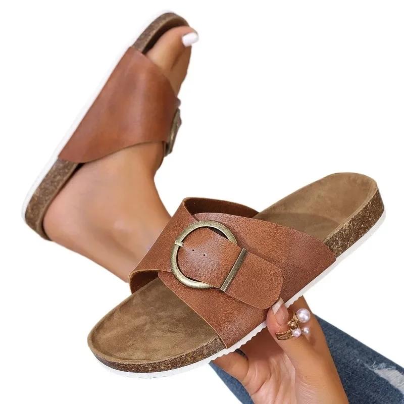 Модная обувь для женщин 2024 года, горячая распродажа, базовые женские тапочки, модные повседневные тапочки с пряжкой на ремне, женские новые тапочки с круглым носком, однотонные плоские тапочки