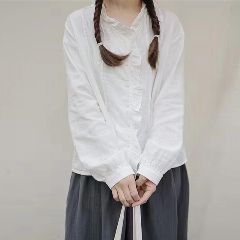 Johnature Винтажная рубашка женская весенняя V-образная горловина грибок кромка однобортный повседневный топ женский
