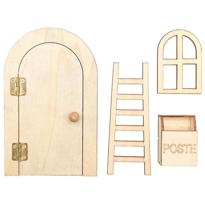 Porte de lutin de Noël et accessoires en bois 4 pièces