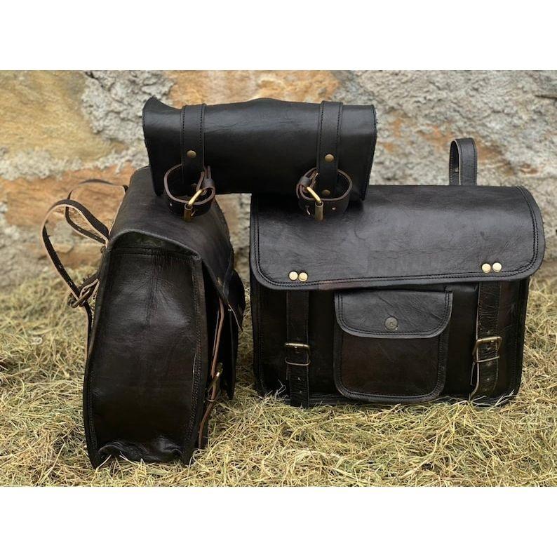 Leather Black Saddle Bags Motorcycle Pouch Bag Three Bags Pannier Saddle Bags Set Of Three Bags For Sportscaster