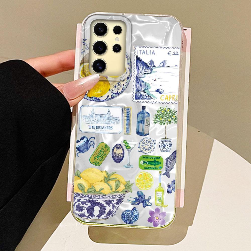 Пейзаж у моря Вино Лимон Женщины Девушки Чехол для телефона для Samsung Galaxy S25 Edge S24 S23 S22 S21 S20 FE Plus Ultra Ракушка Сумки Чехол