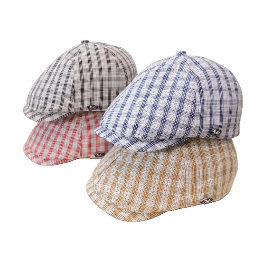 New plaid pure cotton forward hat women's spring summer thin short brim outdoor sun hat casual beret painter hat