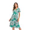 Women Summer Causal V Neck Short Sleeve Swing A Line Chiffon Print Chic Long Dress S-XL
