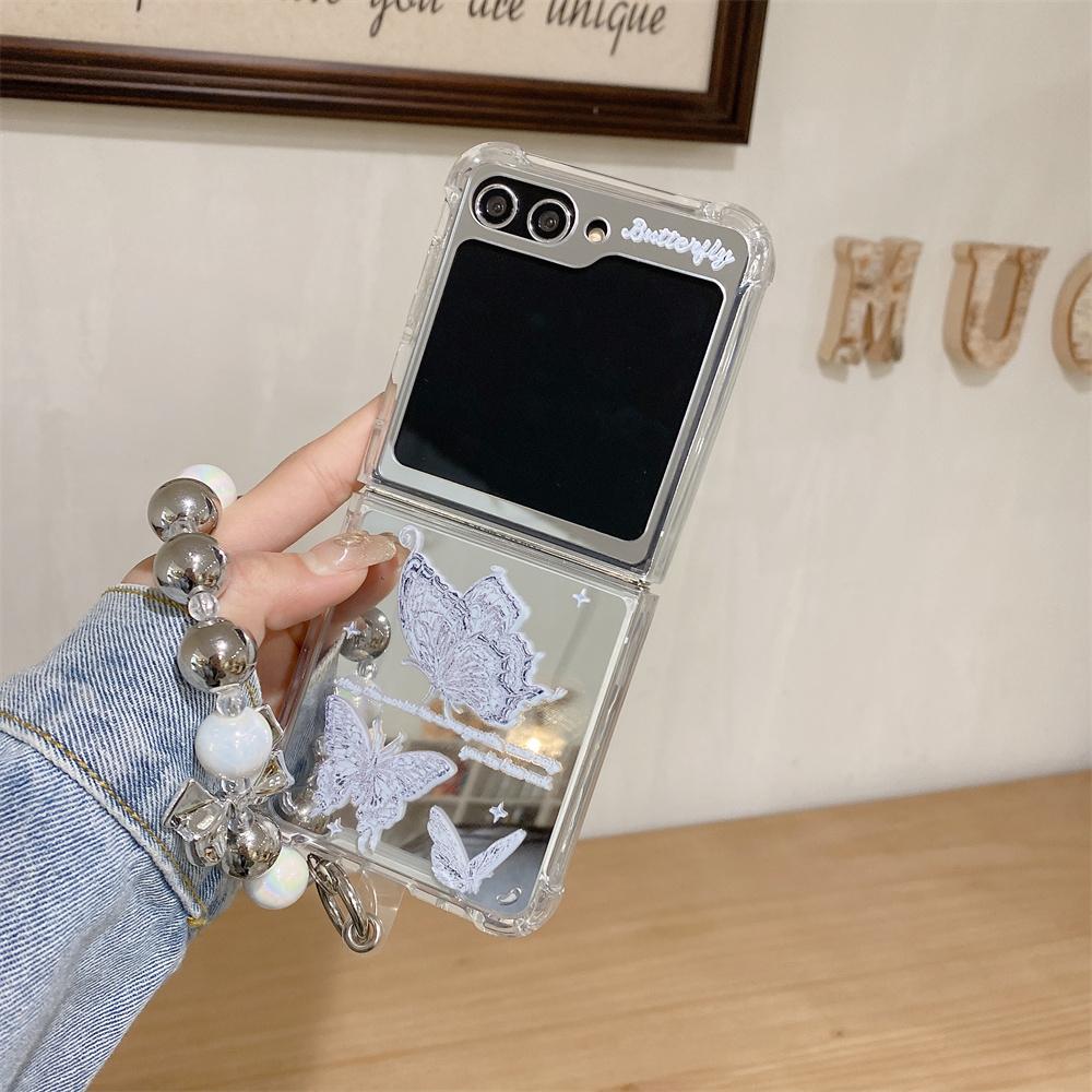 Cute Cartoon Butterfly Bracelet Case for Samsung Galaxy Z Flip 5 4 3 6 Flip5 Flip4 Cat Dog Mirror Make Up Wrist Chain Cover