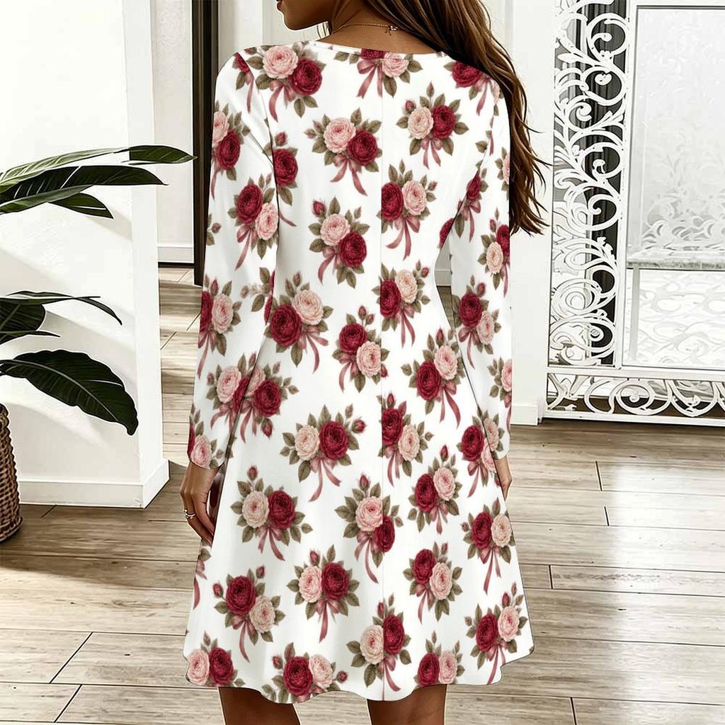 Women Plus Size Scallop V Neck Long Sleeve White Floral Printed Dress