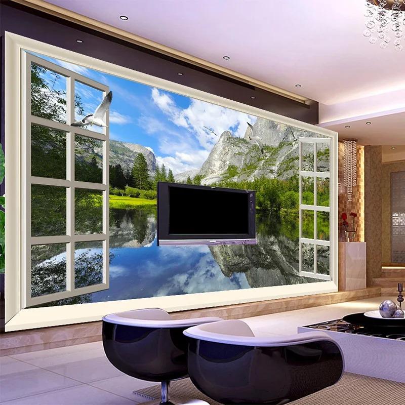 Классические 3D фрески Окно Озеро Горы Природа Пейзаж Фотообои Гостиная Спальня Диван 3D настенная фреска Декор