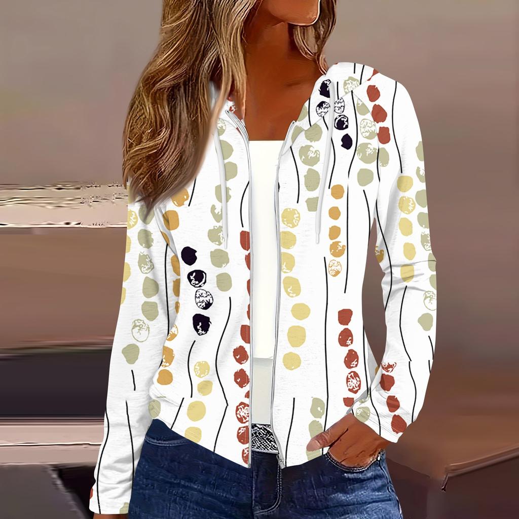 Women's Fashion Casual Zip Up Hooded Print Long Sleeve Sweatshirts Coat