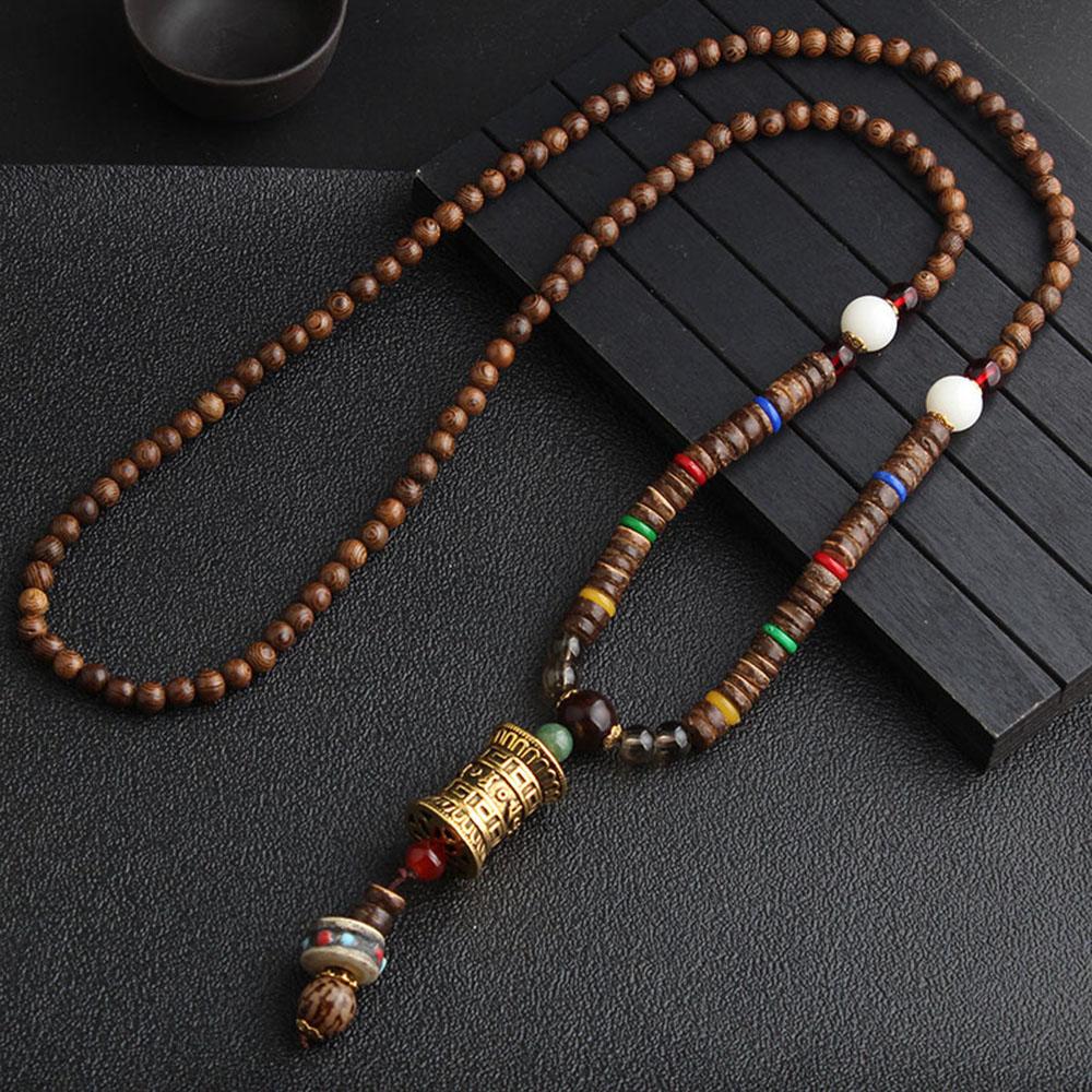 Men Handmade Nepal Horn Mala Buddhist Pendant Wood Beads Necklace Long Necklace
