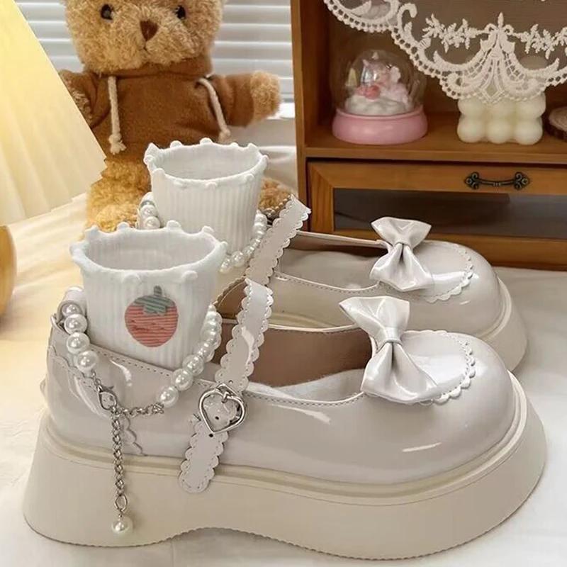 Модные туфли ZOKI Lovely Pearl Strap Lolita для женщин, милые туфли Мэри Джейн на платформе с бантом, женские лакированные туфли без каблука с нескользящей подошвой, 2025