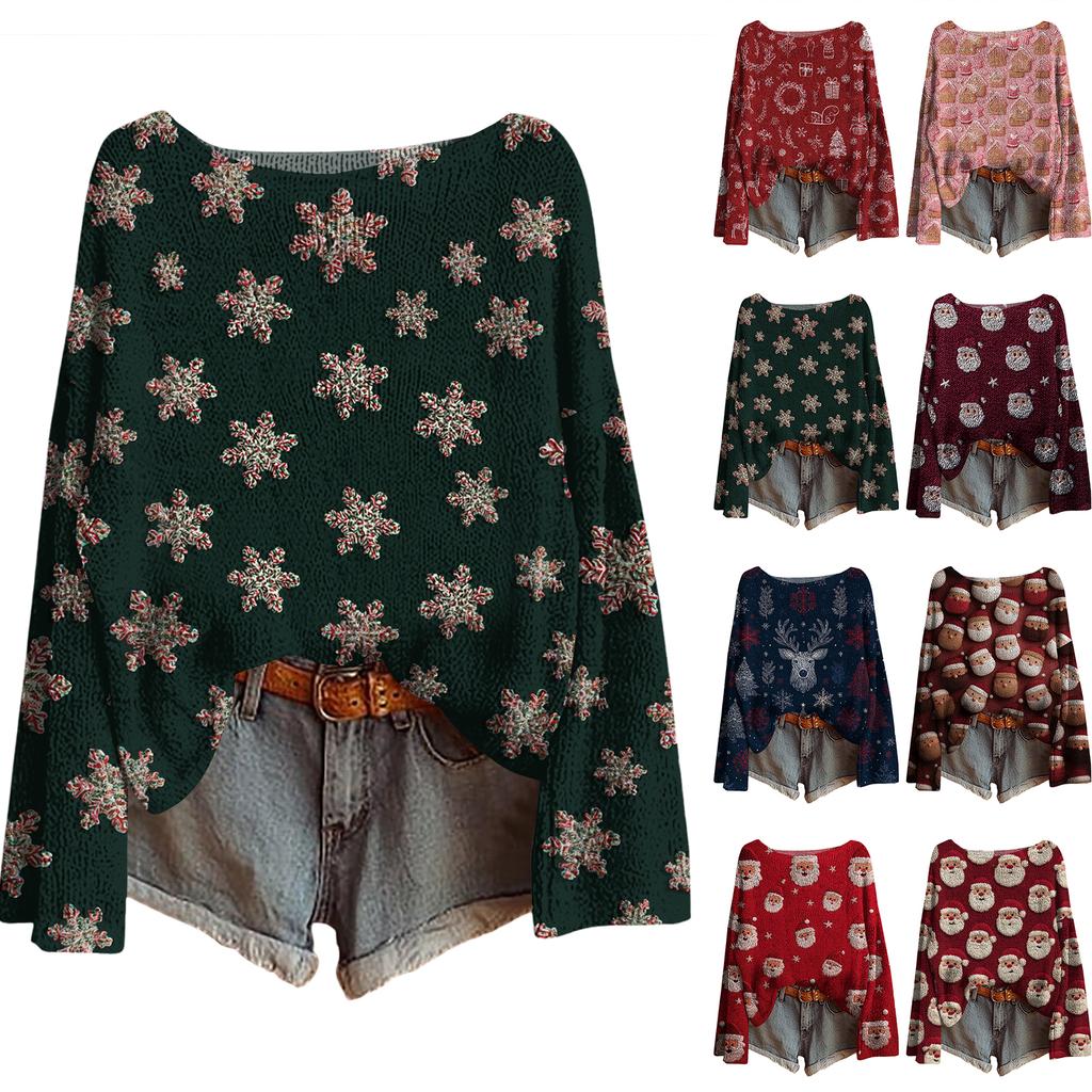 Women's Christmas Print Lightweight Sweater Casual Long Sleeve Knitted Pullover