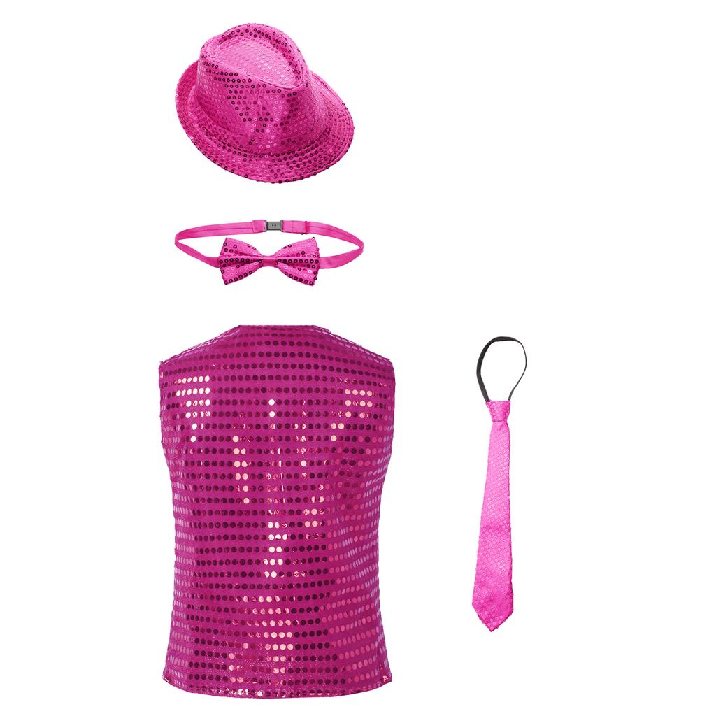 Boys Glittery Dance Vest Sleeveless V Neck Sequin Buttons Vest Set with Hat Bowtie for Jazz Stage Performances