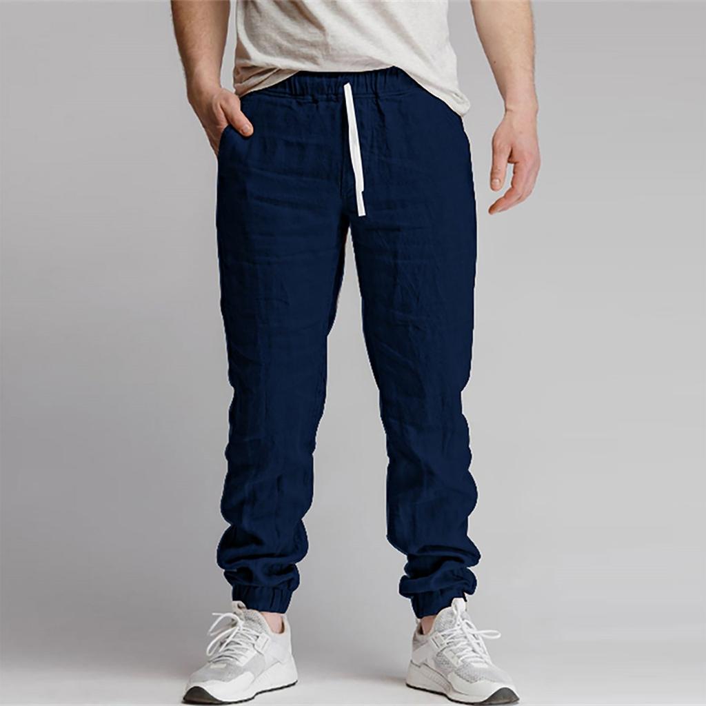 Новые мужские однотонные спортивные повседневные дышащие брюки из хлопка и льна со шнурком