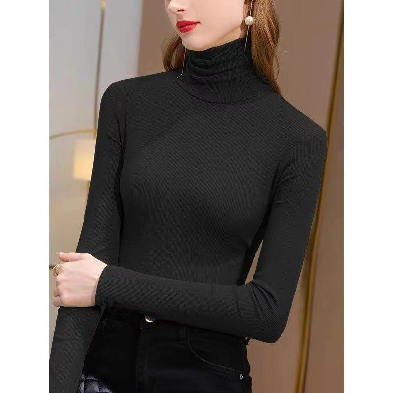 Базовая футболка с высоким воротом для женщин Осень-Зима Новая футболка с длинным рукавом Однотонный Термо-внутренник Топ на талию