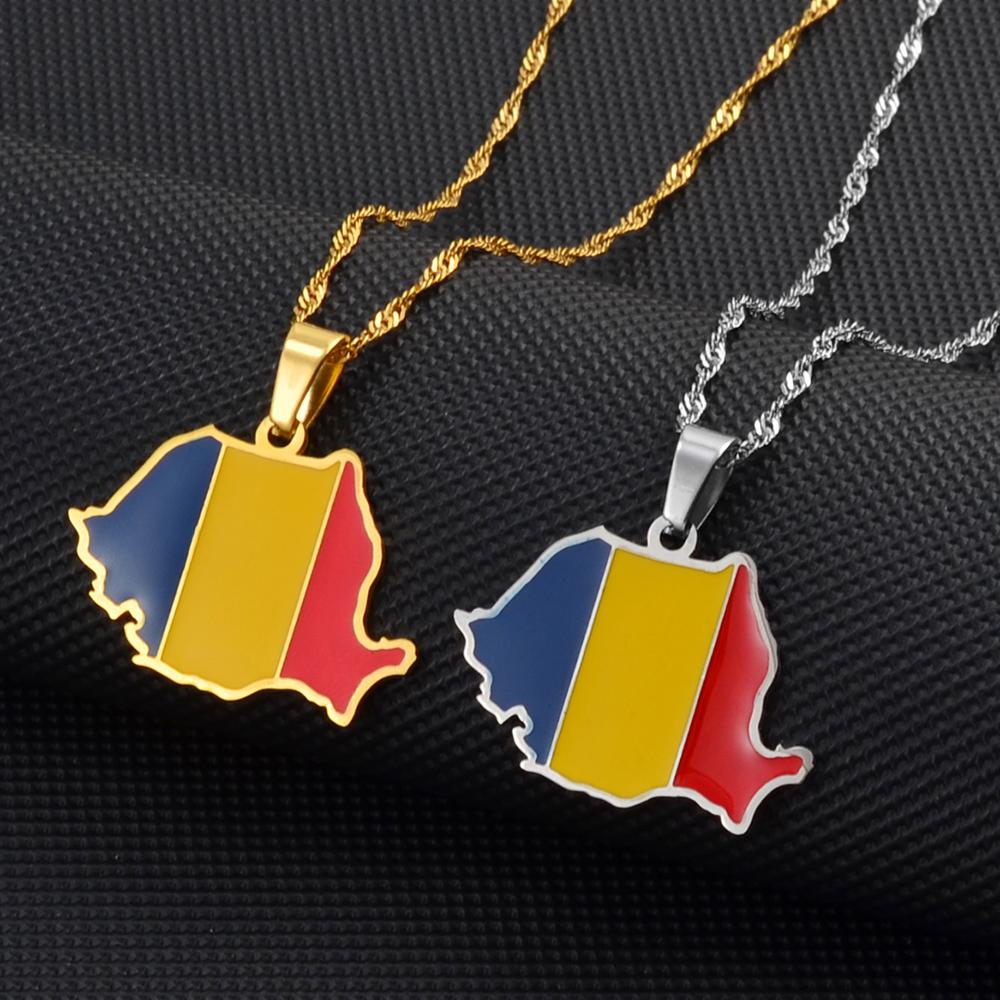 Anniyo Romania Map Flag Pendant Necklaces Silver Color/Gold Color Romanian Jewelry Ethnic @258621