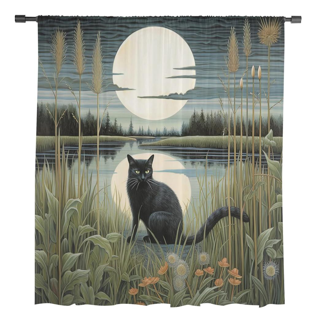 Прозрачные шторы с изображением кота Луны и джунглей для гостиной, спальни, тюлевые занавески для кухни, вуаль, шторы, жалюзи, панели