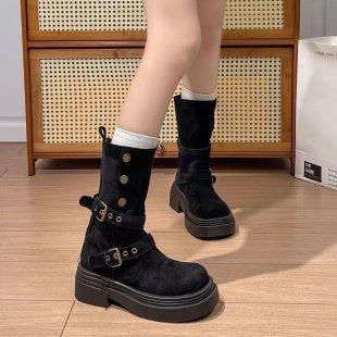 Two wear Ladd retro platform short boots, new fashionable medium tube solid color Martin boots, women's versatile and comfortable women's shoes