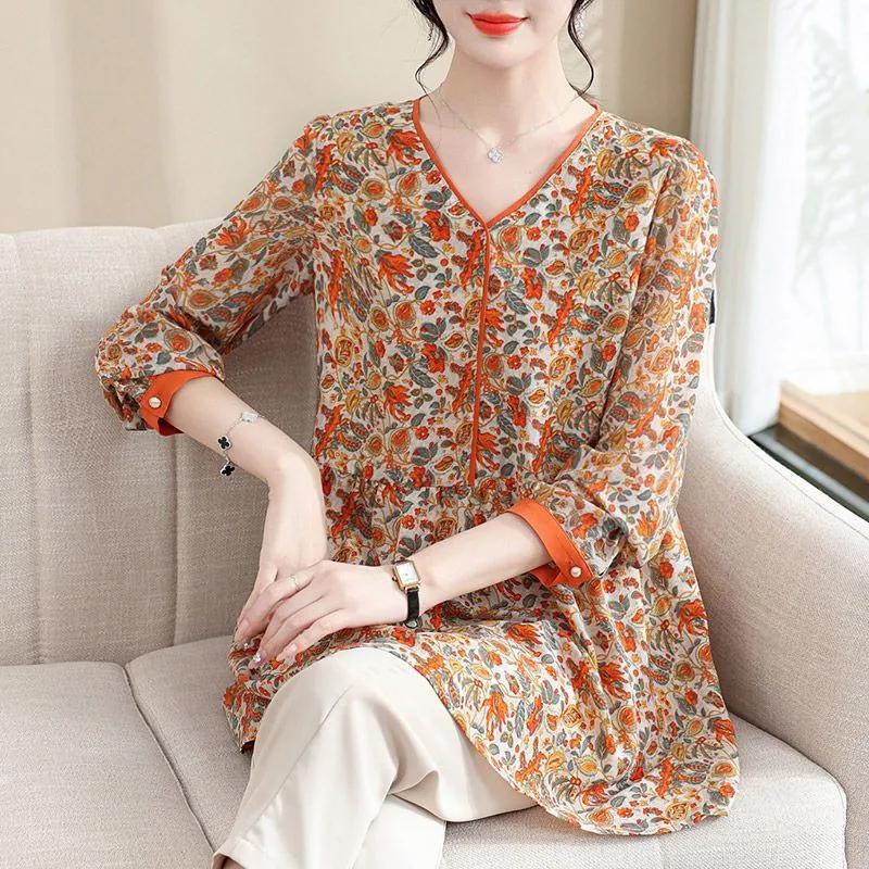 Женская блузка оранжевая с цветочным принтом, V-образный вырез, длинный рукав
