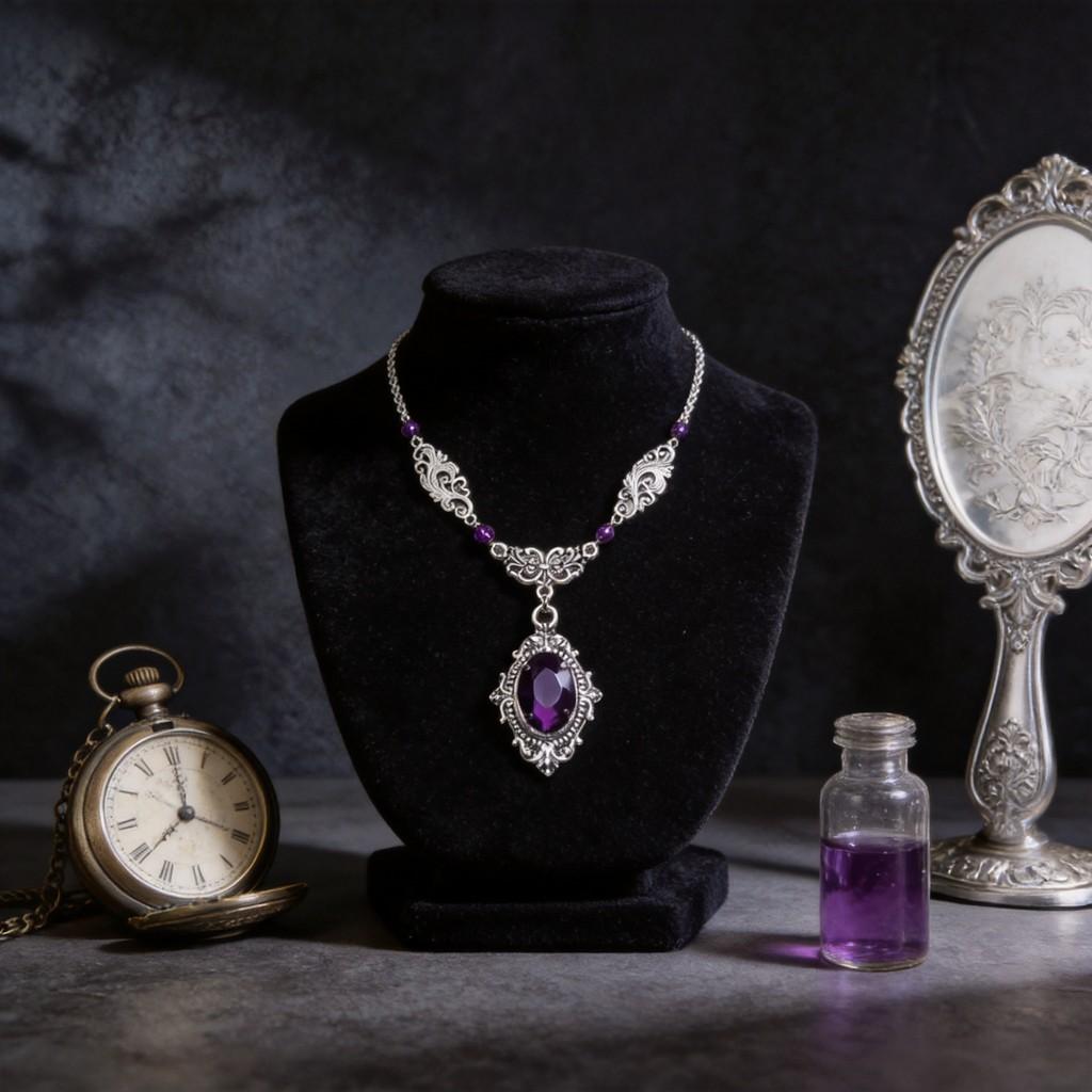 Victorian Gothic Necklace With Deep Purple Glass Gem Alloy Pendant For Women