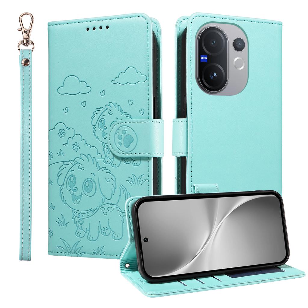 Чехол для vivo V60 5G с блокировкой RFID, с тисненым узором собаки, из ПУ кожи, чехол для телефона с ремешком на запястье