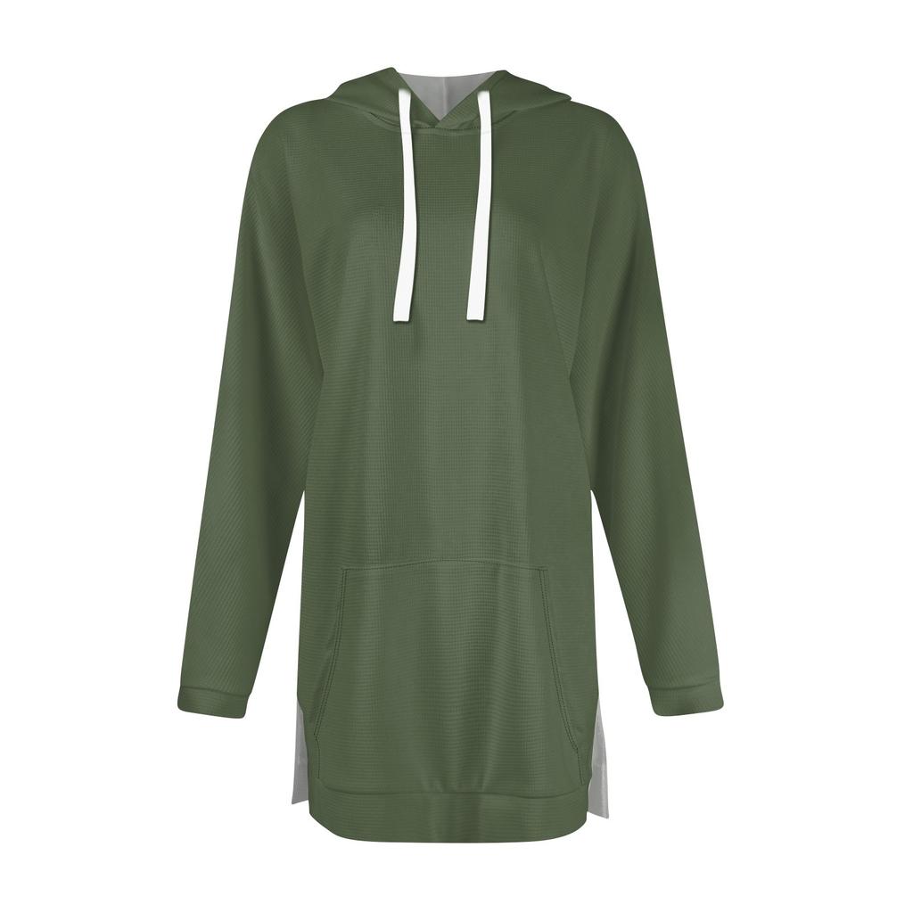 Женские однотонные свободные рубашки с длинным рукавом, толстовки с капюшоном и завязками, трикотажные туники с боковыми разрезами и карманами