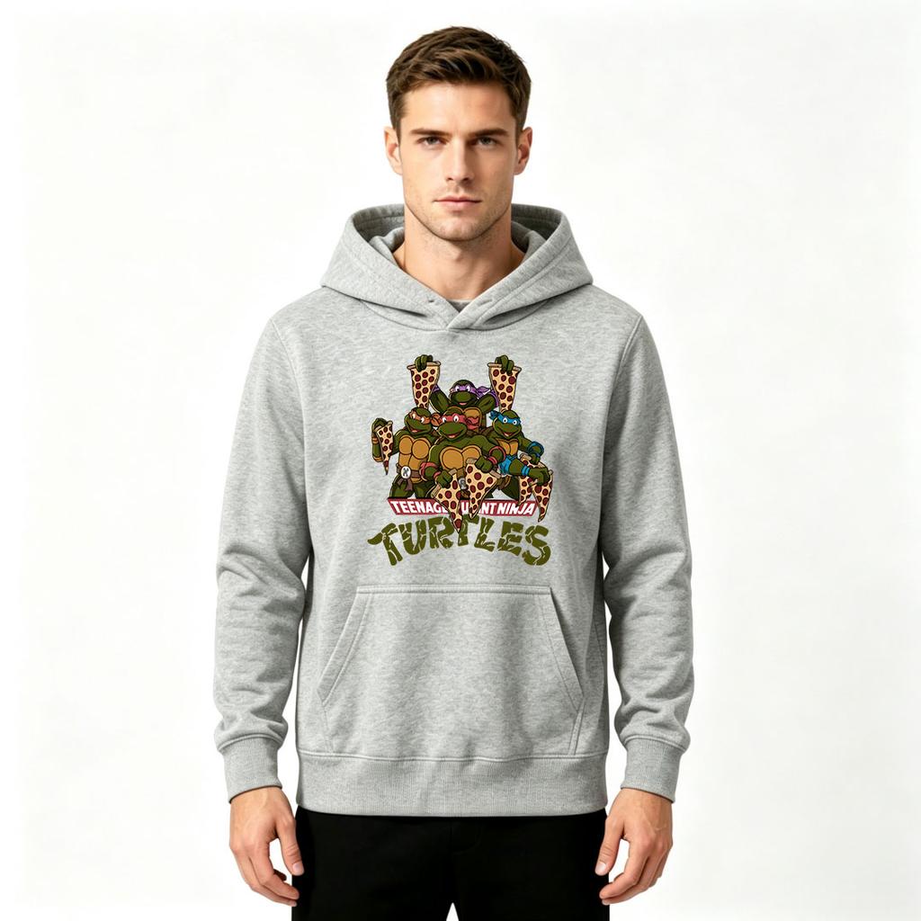 Men's Cartoon Pizza Turtle Print Long Sleeve Pullover Hoodie Casual Loose Hooded Sweatshirt
