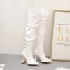 Leather Boots Women Stiletto Pointed Toe White Heeled Knee Boots Wine Glass Heel Side Zipper Thigh Gigh Booties