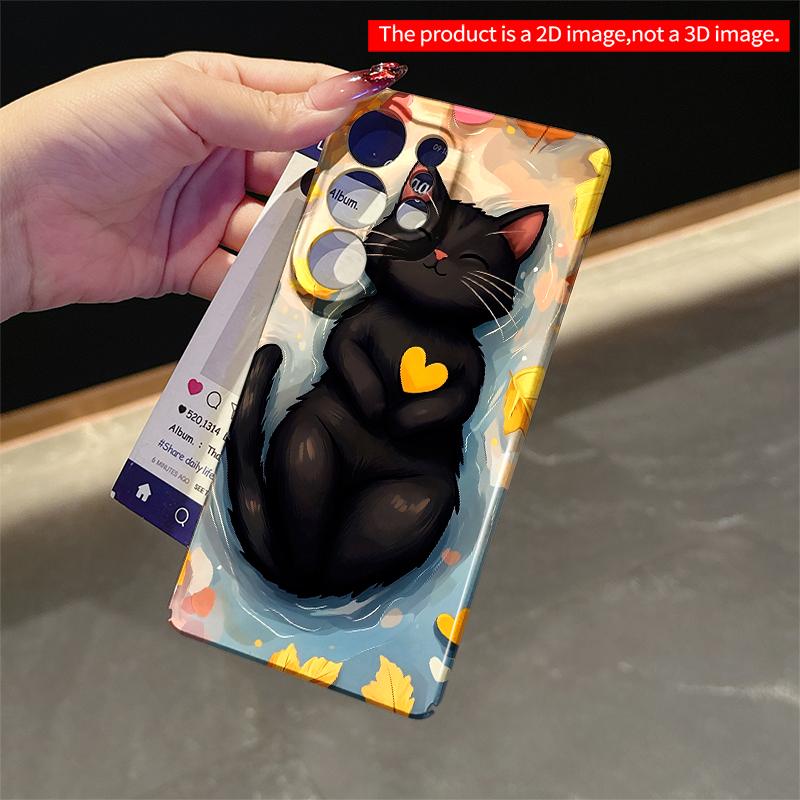 2DFlat Samsung phone case Black Cat with Heart Amid Autumn Leaves Applicable to Galaxy S22 S23 S24 S25ULTRA S26 A12 A13 A14 A15 A16