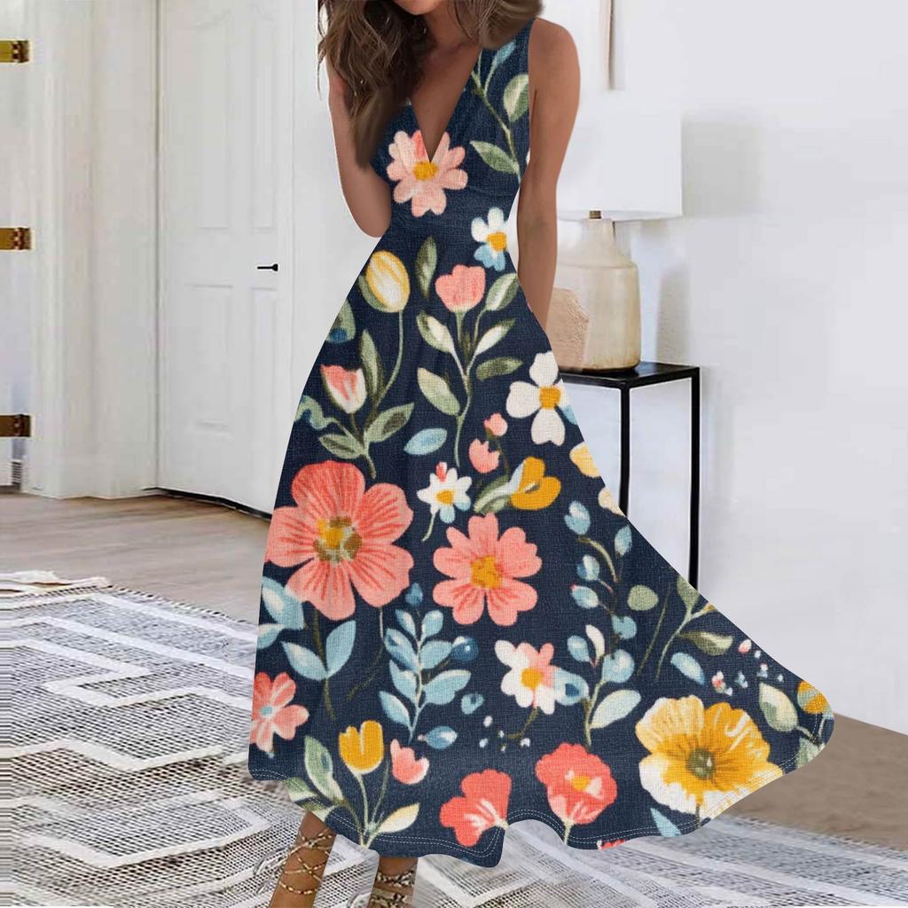 Женские модные повседневные свободные платья с V-образным вырезом без рукавов с принтом