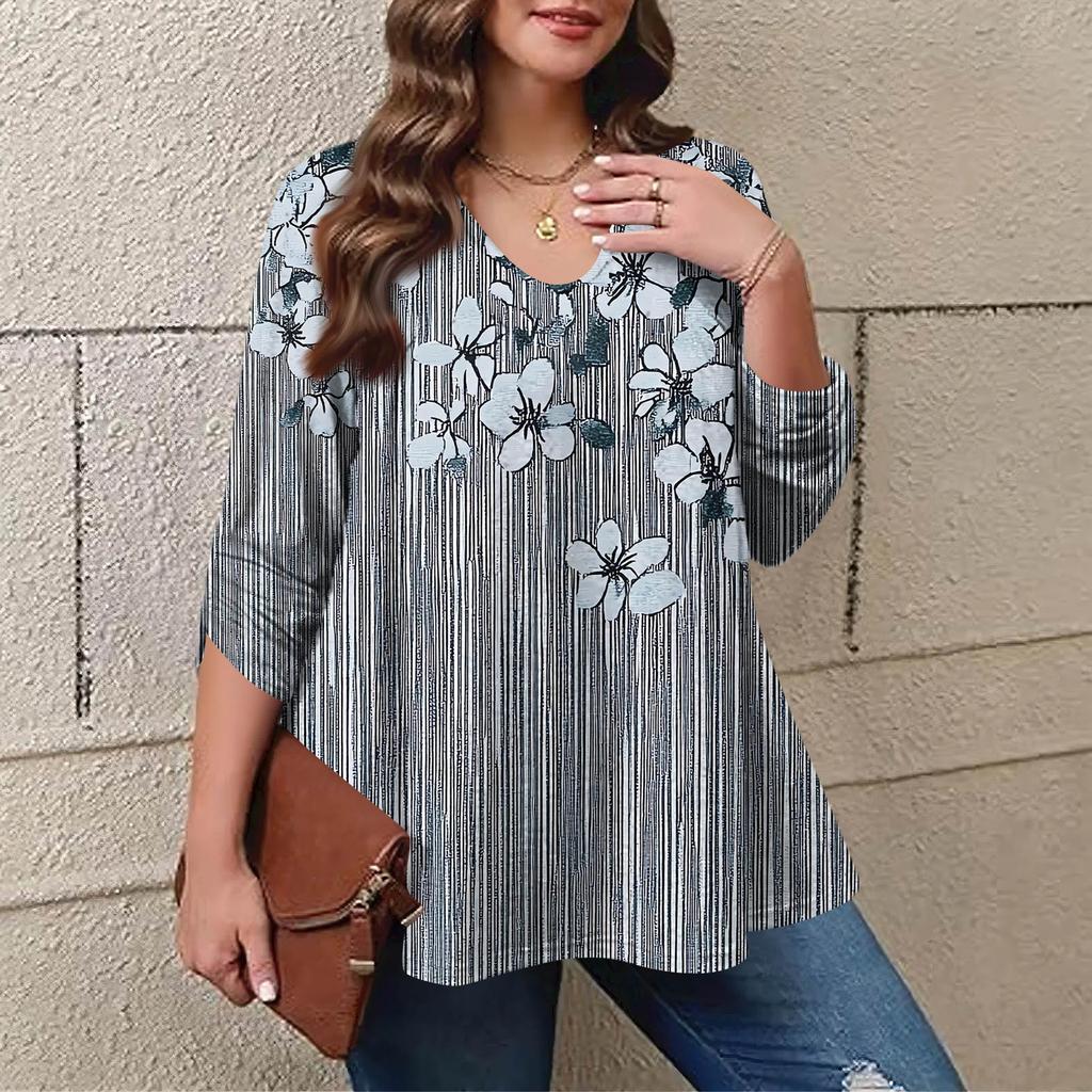 Women's Plus Size Fashion Printed Casual Pleated Round Neck Long Sleeve Top