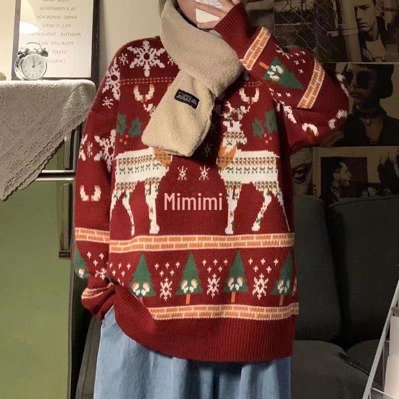 Мужской вязаный рождественский свитер в стиле ретро: Осень/Зима Плотная, Свободная, Ленивый Гонконгский Стиль, Круглый вырез, Модная Рубашка с Подкладкой