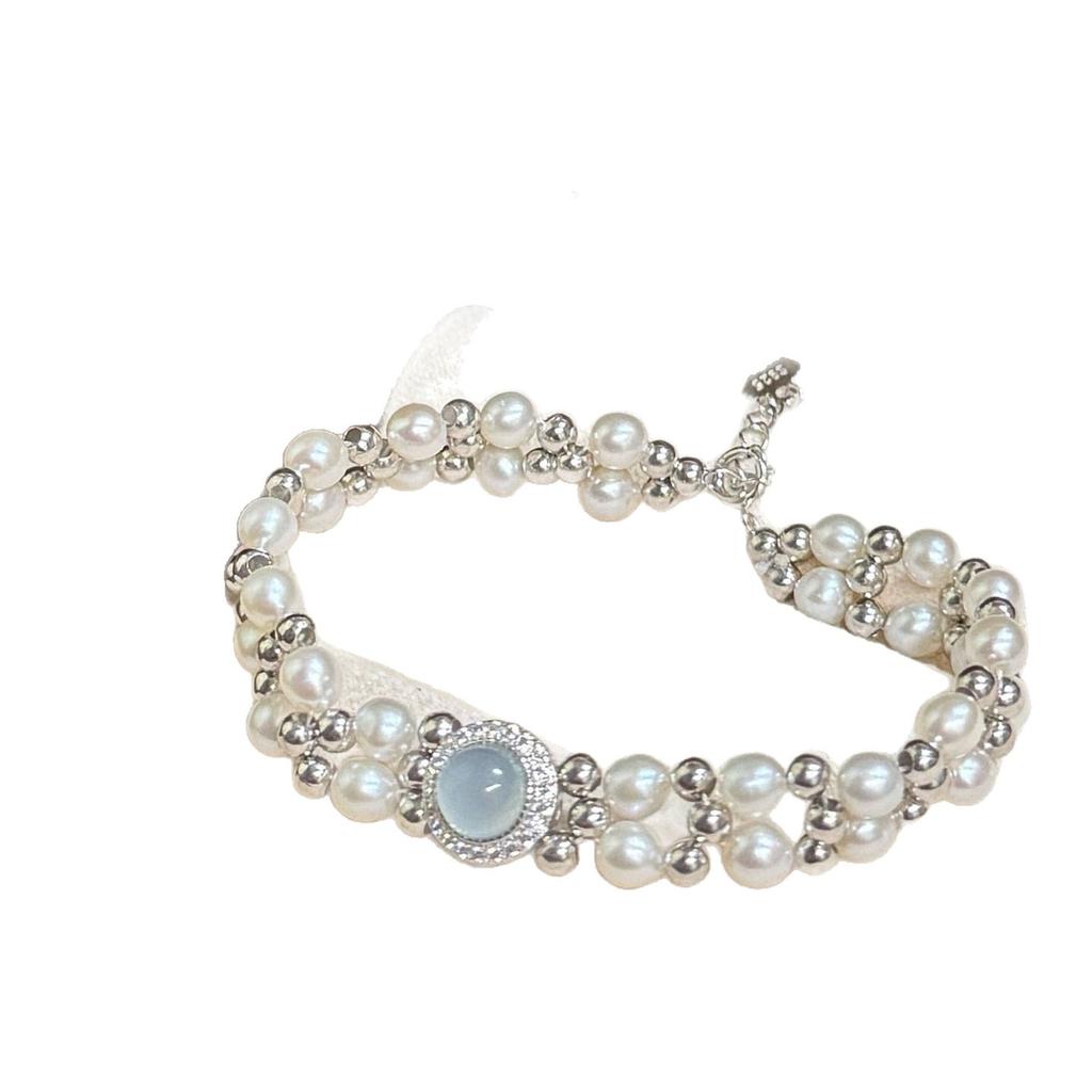 S911 sterling silver aquamarine woven bracelet fashionable light luxury high sense natural freshwater pearl beaded jewelry handmade