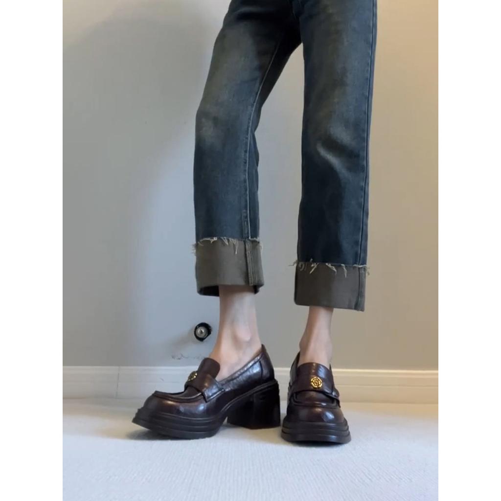 Cowhide Version~ High-heeled Loafers Retro Camellia Round Head Thick Sole One-pedal Small Leather Shoes Commuting Thick Heels Single Shoes