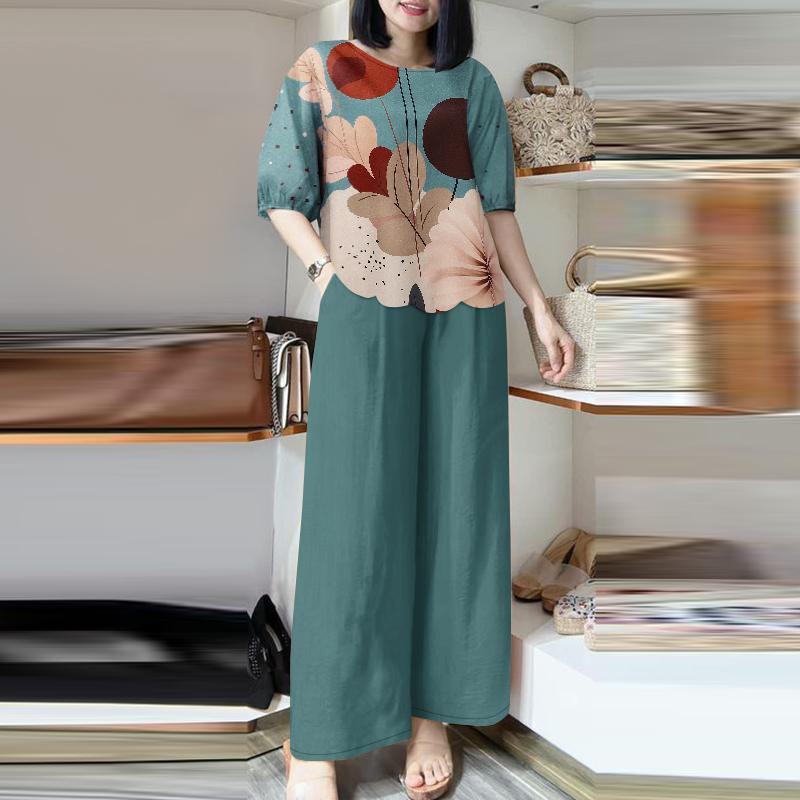 ZANZEA Женские повседневные комплекты из блузки и брюк с принтом из двух предметов