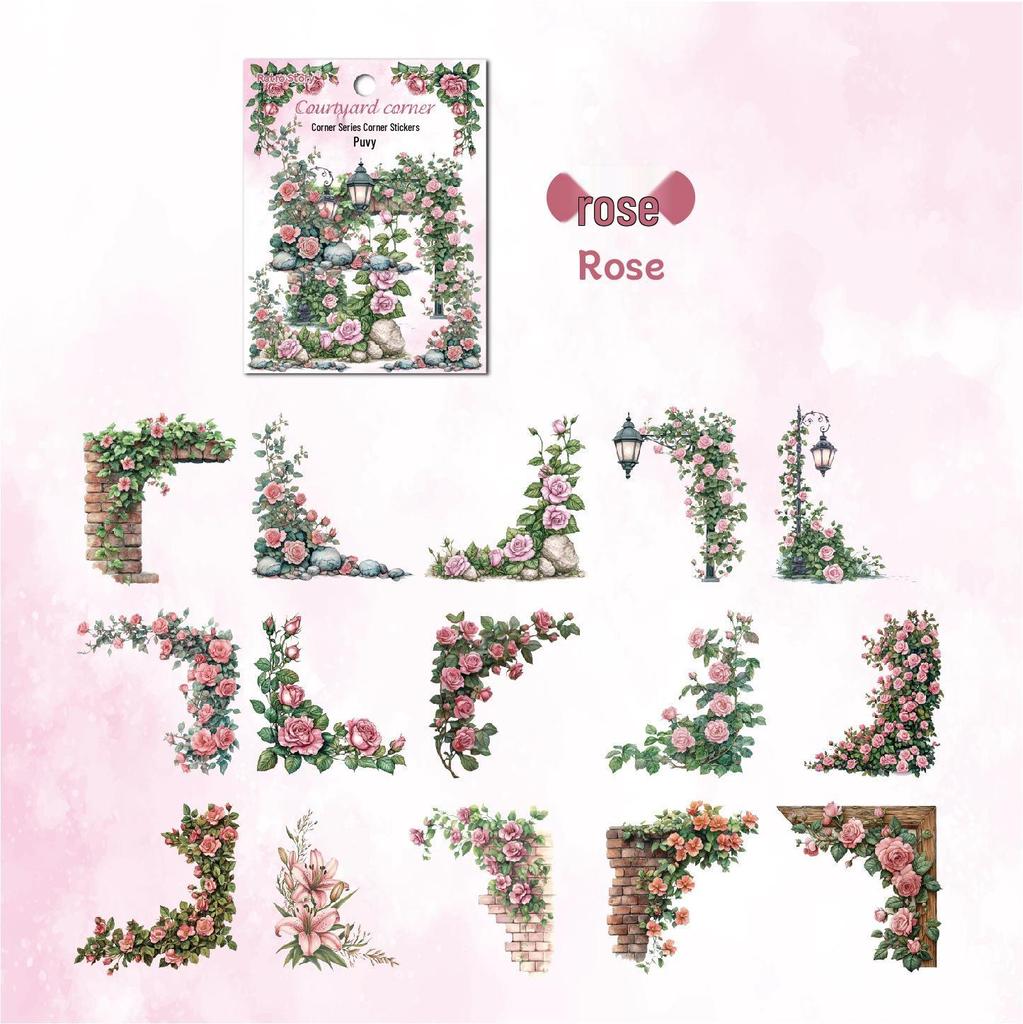 Retro Courtyard Rose Corner Stickers: Flower Journal DIY Decor Set