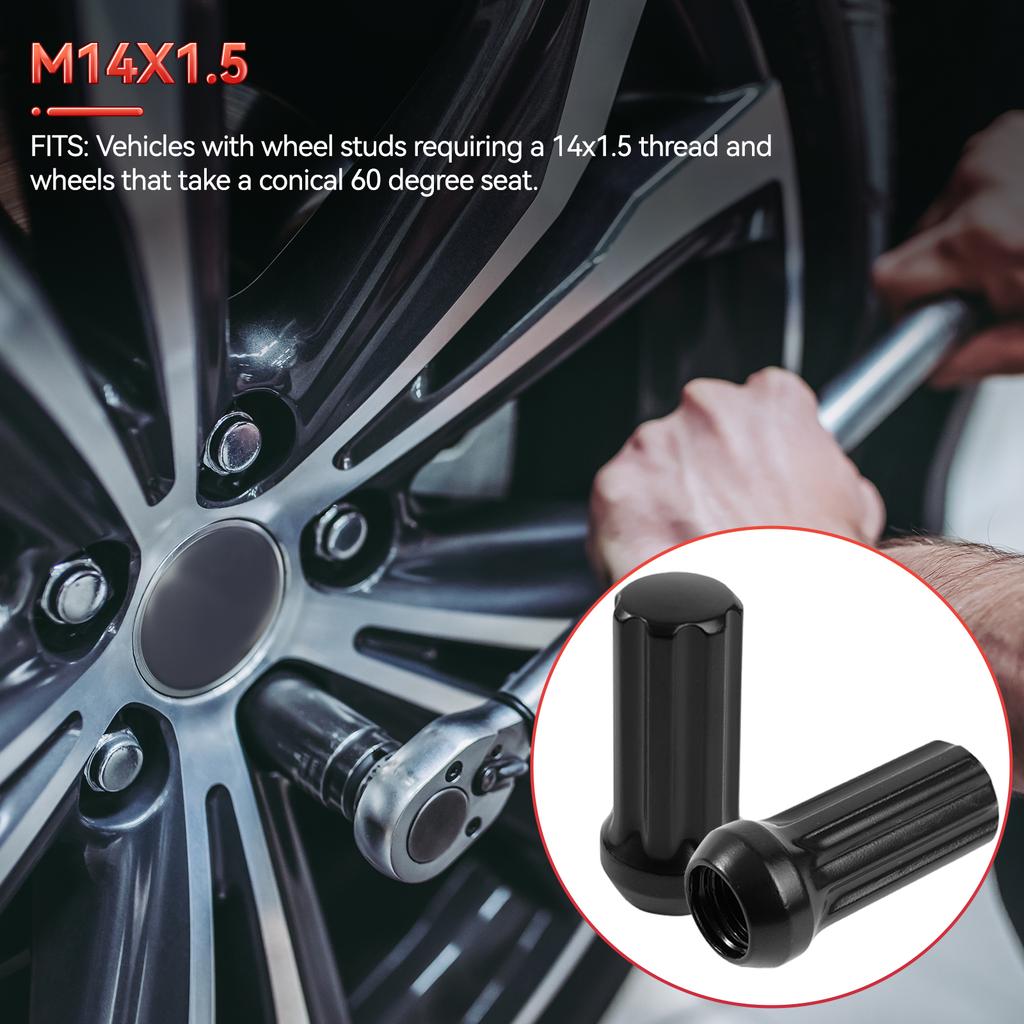 24x Black 2" Tall M14x1.5 Tuner Spline Lug Nut For Ford F150 GMC Sierra Ram 1500