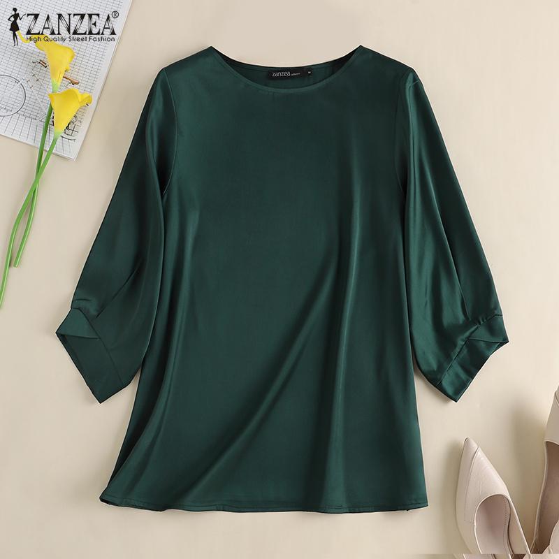 ZANZEA Women Fashion Casual O-neck 3/4 Sleeve Solid Color Satin Blouse Shirts
