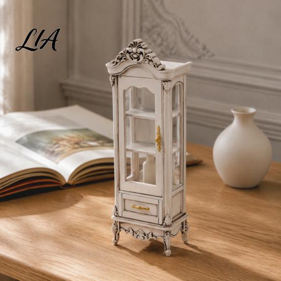 European Style Doll Mansion Accessory Miniature Curio Cabinet, 1/12 Scale Mini Wine Wooden Tiny Display Cabinet with Collectible Case Drawer,
